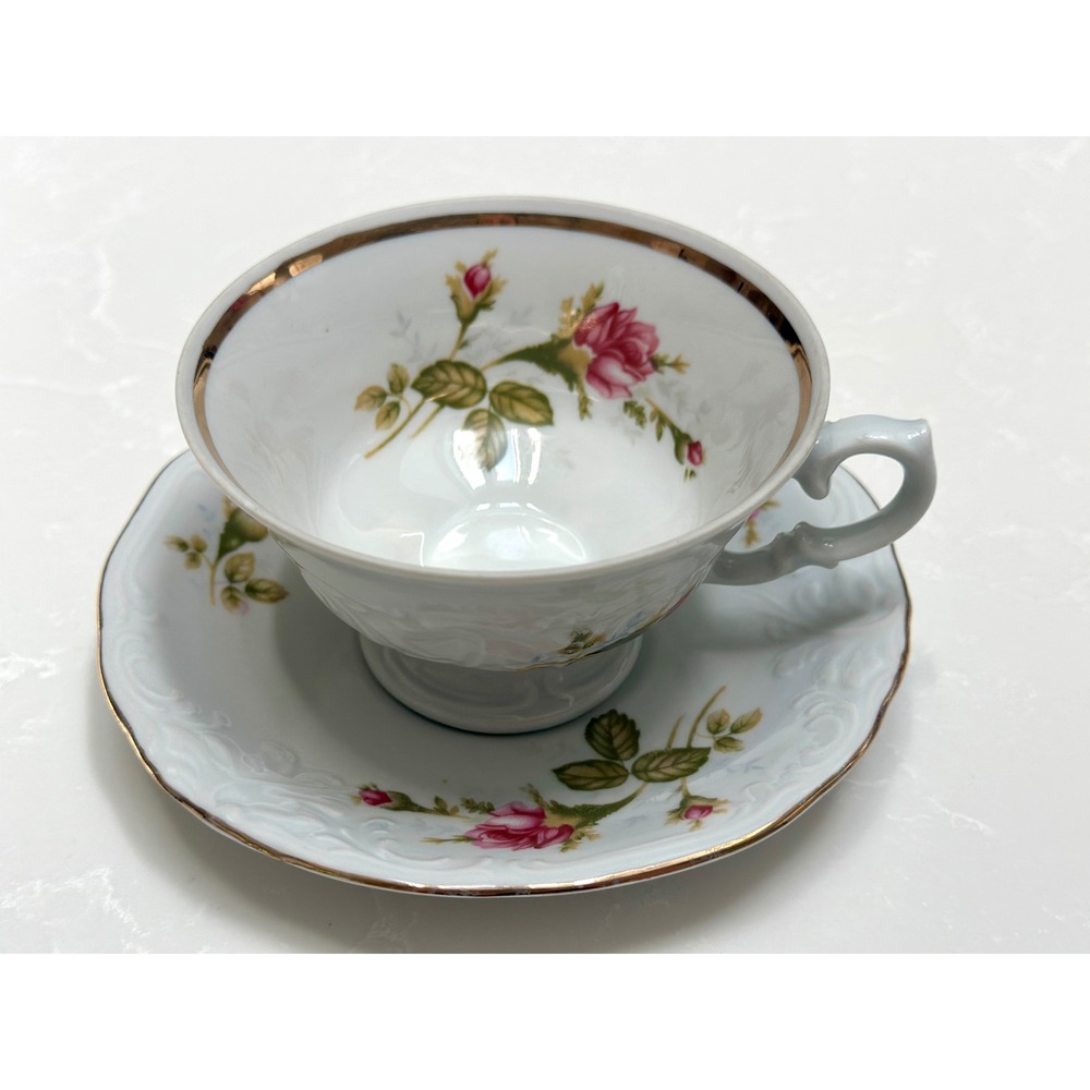 Walbrzych Poland Porcelain Tea Cup and Saucer Set Pink Rose Gold Trim Vintage